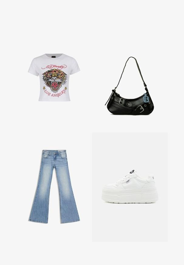 Valkoinen lyhyt t-paita, jossa on värikäs tiikeri -grafiikka, jossa on strassikoristeluja, sekä punaiset "ED HARDY" ja "LOS ANGELES" -tekstit.; Vaaleansiniset farkut, joissa on korkea vyötärö, etutaskut ja levenevät leveät lahkeet, aseteltuna tasaisesti valkoiselle taustalle.; Valkoiset alustasneakerit, joissa on sileä synteettinen päällinen, pyöreä kärki, pehmustettu kaulus ja teksturoitu pohja. Varustettu kontrastivärisellä logo-tarralla.; Musta synteettinen käsilaukku, jossa on kaareva muoto, säädettävä hihna ja koristeelliset metallisoljet. Huokuu tasaista kiiltävää tekstuuria.