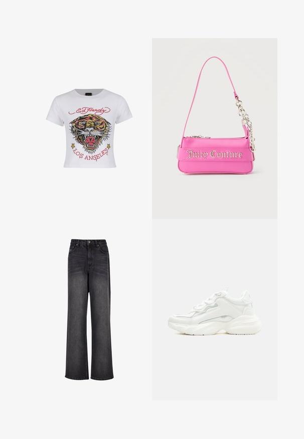 Hvid cropped t-shirt med et farverigt tiger grafik med rhinsten og teksten "ED HARDY" og "LOS ANGELES" i rød.; Bredde ben sorte denim jeans med en glat tekstur, der har høj talje, forlommer og knaplukning.; Hvid chunky sneaker med tyk sål, snørelukning foran og glat syntetisk overdel med subtile syningsdetaljer.; Lille lys pink Juicy Couture håndtaske med sølvkædedetalje og logotekst på forsiden, enkelt smalt skulderrem.
