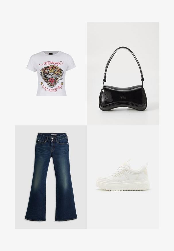 Hvid cropped t-shirt med et farverigt tiger grafik med rhinsten og teksten "ED HARDY" og "LOS ANGELES" i rød.; Mørkeblå denim superlow flare jeans med for- og baglommer, dobbelt knappelukning og slidte detaljer på lår og knæ.; Hvide lædersneakers med en kraftig sål, snørebåndsdesign og subtil branding. Har en glat overflade og rund tå.; Sort patentlæder håndtaske med en buet form, et enkelt håndtag og en rund bund. Har en subtil logo-detalje på forsiden.