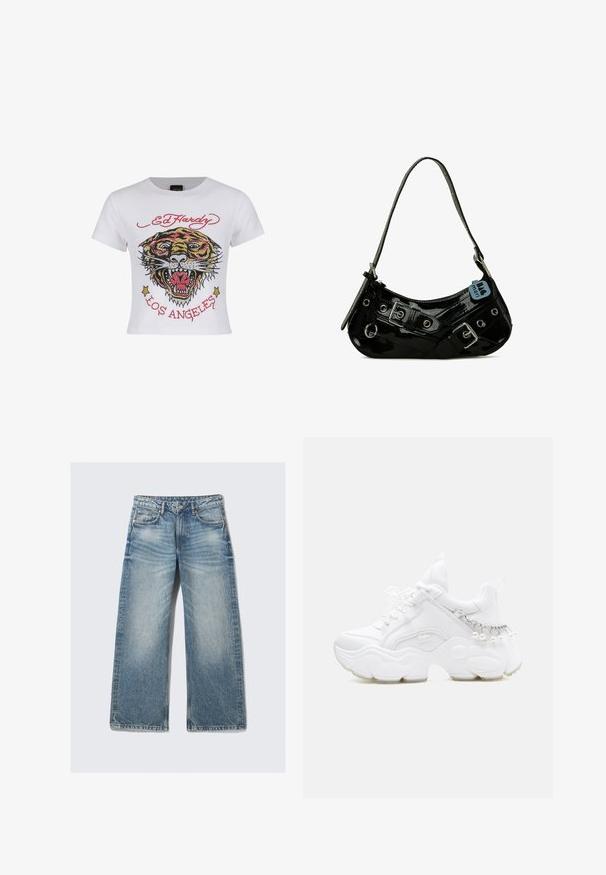 Hvid cropped t-shirt med et farverigt tiger grafik med rhinsten og teksten "ED HARDY" og "LOS ANGELES" i rød.; Lyseblå jeans med vide ben lavet af denim, med forlommer, lynlås foran og en falmet tekstur med diskrete whiskering-detaljer.; Hvid chunky sneaker med tyk sål, snørelukning foran og kædedetalje med hængende perler på hælen.; Sort lakeret skuldertaske med en buet form, udsmykket med sølvhardware, dekorative spænder og en kort rem. Blå mærkat vedhæftet.