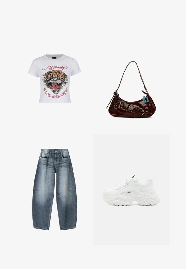 T-shirt courte blanche avec un graphique de tigre coloré agrémenté de strass et du texte "ED HARDY" et "LOS ANGELES" en rouge.; Jean large en denim bleu clair avec décoloration, présentant un design à cinq poches, un bouton de fermeture et des détails de couture minimaux.; Des sneakers blancs chunky avec un dessus en cuir lisse, un bout rond et une semelle épaisse texturée avec un logo de marque visible sur le côté.; Sac à main en cuir verni bordeaux avec une forme courbée, accents en métal argenté et une boucle décorative. Il présente une courte bandoulière et une fermeture éclair.