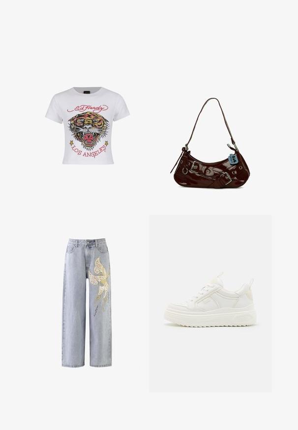 Hvid cropped t-shirt med et farverigt tiger grafik med rhinsten og teksten "ED HARDY" og "LOS ANGELES" i rød.; Lysblå vidde jeans med et sommerfuglemotiv i guld- og elfenbensbroderi, prydet med dekorative syninger.; Hvide lædersneakers med en kraftig sål, snørebåndsdesign og subtil branding. Har en glat overflade og rund tå.; Bordeaux patentskinds læder håndtaske med en buet form, sølv hardware detaljer og en dekorativ spænde. Har en kort rem og lynlås lukning.