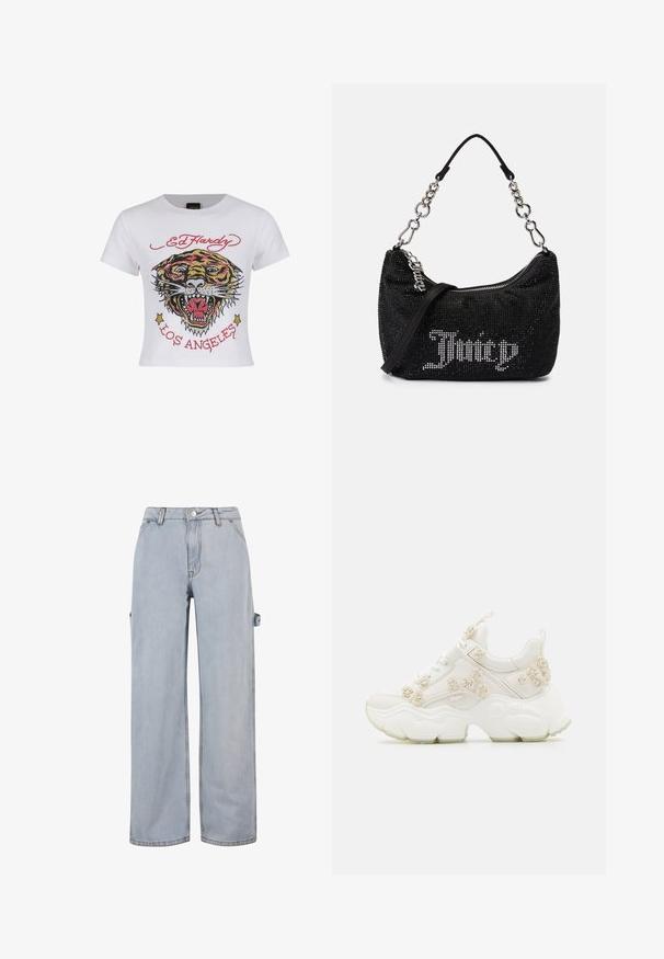 Weißes, kurz geschnittenes T-Shirt mit einem bunten Tiger-Graphic, verziert mit Strassakzenten sowie dem Text "ED HARDY" und "LOS ANGELES" in Rot.; Hellblaue Denim-Jeans mit weitem Bein, Knopf- und Reißverschluss, Gürtelschlaufen und einem seitlichen Detail an einem Bein. Ohne sichtbare Abnutzungen.; Buffalo BINARY ROSE - Sneaker low - white; Schwarze Tasche mit Strassverzierungen, gebogener Form und silberner Kettenhandgriff. Verfügt über einen Reißverschluss und das "Juicy"-Logo in Weiß.