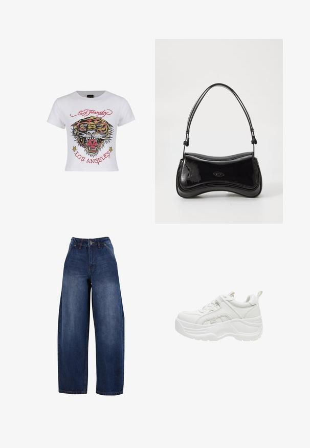 Weißes, kurz geschnittenes T-Shirt mit einem bunten Tiger-Graphic, verziert mit Strassakzenten sowie dem Text "ED HARDY" und "LOS ANGELES" in Rot.; Dunkelblaue Jeans mit weitem Bein, hoher Taille, fünf Taschen und Knopfverschluss. Der Stoff hat eine leichte Ausbleichung und eine glatte Textur.; Weißer klobiger Sneaker mit dicker Sohle, Schnürung vorne, gepolstertem Kragen und Zuglasche an der Ferse.; Schwarze Handtasche aus lackiertem Leder mit einer geschwungenen Form, einem einzelnen Griff und einem runden Boden. Verfügt über ein dezentes Logo-Detail auf der Vorderseite.