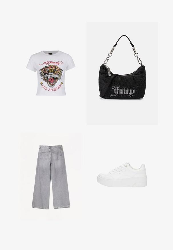 Witte cropped t-shirt met een kleurrijke tijgerafbeelding, versierd met strassaccenten en de tekst "ED HARDY" en "LOS ANGELES" in het rood.; Grijze wijde jeans met een hoge taille, voorzien van een gladde textuur, twee achterzakken en subtiele stikseldetails.; Witte plateau sneaker met veters aan de voorkant, geperforeerde zijkanten en dikke zool, weergegeven vanaf de buitenkant op een witte achtergrond.; Zwarte tas met rhinestone versieringen, een gebogen vorm en een zilveren kettinghandvat. Voorzien van een rits en het "Juicy" logo in het wit.