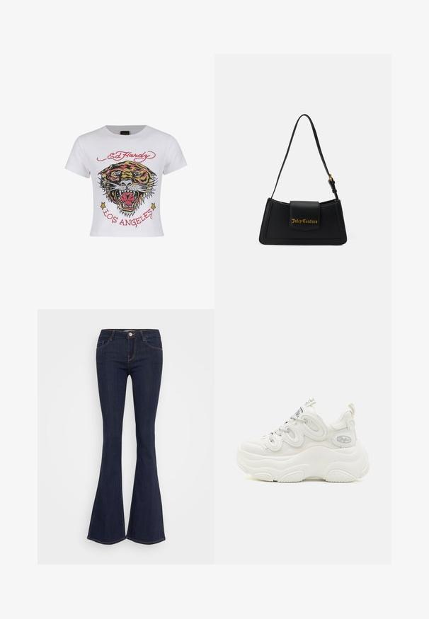 T-shirt courte blanche avec un graphique de tigre coloré agrémenté de strass et du texte "ED HARDY" et "LOS ANGELES" en rouge.; Jean flare en denim foncé avec une taille ajustée, dotée d'une fermeture à bouton sur le devant, d'un design à cinq poches et de coutures le long des jambes.; Baskets blanches chunky avec une tige en mesh et synthétique, forme incurvée, semelle texturée et système de laçage proéminent avec des détails de logo.; Sac à main en imitation cuir noir, de forme rectangulaire, avec un logo doré et une seule sangle ajustable. Il présente une fermeture à rabat et un design épuré.