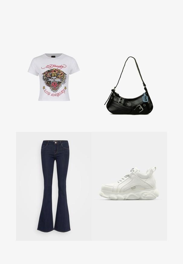 Hvid cropped t-shirt med et farverigt tiger grafik med rhinsten og teksten "ED HARDY" og "LOS ANGELES" i rød.; Mørke denim flare jeans med en tætsiddende talje, der har en forsænket knaplukning, fem-lomme design og sømdetaljer langs benene.; Hvide atletiske sneakers med en glat læderoverdel, rund sål og tekstureret accent. Har snørebånd og en slippe-strop bagpå.; Sort syntetisk håndtaske med en buet form, justerbar rem og dekorative metalspænder. Har en glat, blank tekstur.