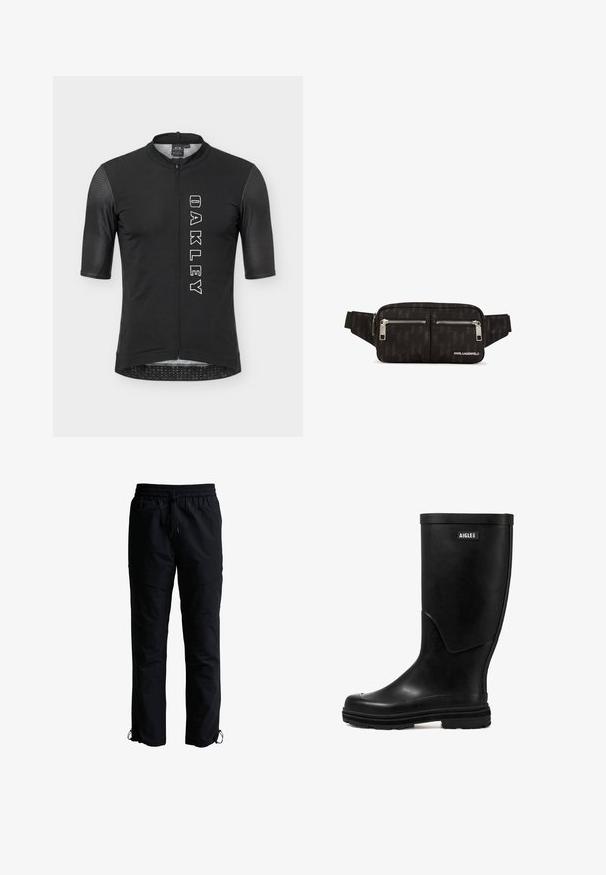 Schwarzes kurzärmeliges Fahrradtrikot mit durchgehendem Frontreißverschluss, strukturierten Ärmeln und vertikalem weißem "OAKLEY"-Logo auf der rechten Seite.; Schwarze Freizeithose mit elastischem Bund und Kordelzügen an Taille und Knöcheln, gerader Schnitt, keine sichtbaren Logos oder Muster.; Schwarzer Gummi-Regenstiefel mit glatter Textur, runder Zehenform und einem Logo-Patch. Verfügt über eine mittelhohe Schafthöhe und eine strukturierte Sohle für besseren Halt.; Schwarze Stoff-Hüfttasche mit strukturiertem Muster, zwei vorderen Reißverschlusstaschen, silbernen Hardware-Akzenten und verstellbarem Tragegurt. Logo auf der Vorderseite.
