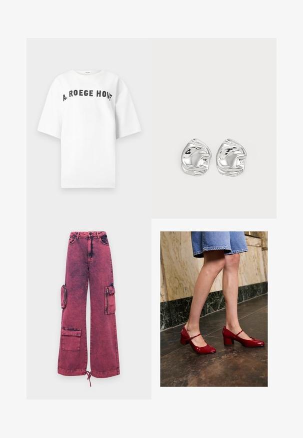 Witte T-shirt met korte mouwen en zwarte gebogen tekst "A. ROEGE HOVE" gedrukt op de borst, getoond tegen een effen achtergrond.; Brede cargobroeken in een roze tint met een vervaagd uiterlijk. Voorzien van ritszakken en een trekkoord aan de zoom voor een verstelbare pasvorm.; Persoon in glanzende rode Mary Jane blokhakken en een blauwe denim rok, staand op een donker betegelde vloer nabij een marmeren wand.; Zilveren abstracte studs met een gepolijste afwerking, met gladde rondingen en subtiele contouren. Geen zichtbare patronen of accenten.