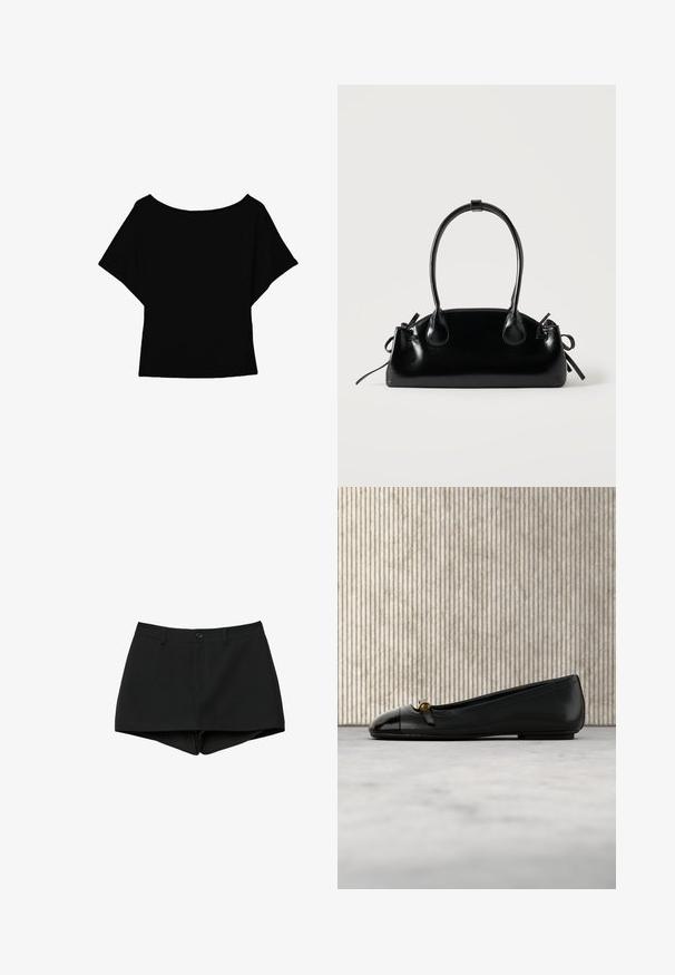 Blouse noire à manches courtes avec un large col bateau et une coupe ample, présentée sur un fond blanc.; Shorts noirs taille haute avec passants de ceinture, fermeture à bouton et zip caché, conçus avec un ourlet légèrement courbé.; Chaussure plate en cuir noir avec un bout brillant noir, une bride centrale avec un bouton doré et une texture lisse.; Petit sac à main noir brillant avec deux longues anses et des détails à cordon sur les côtés sur un fond clair uni.