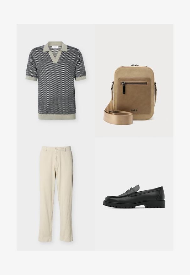 Polo tricot à manches courtes avec motif géométrique noir et blanc, col, poignets et ourlet beige.; Pantalon beige à jambes droites avec passants pour ceinture, fermeture par bouton, et poches avant, présenté sur un fond blanc uni.; Mocassins en cuir noir à bout arrondi, avec un design cousu, une semelle plateforme basse et une semelle en caoutchouc texturée et crantée.; Petit sac bandoulière beige avec poche avant zippée, logo métallique ALDO, sangle large ajustable et forme rectangulaire arrondie sur fond blanc.