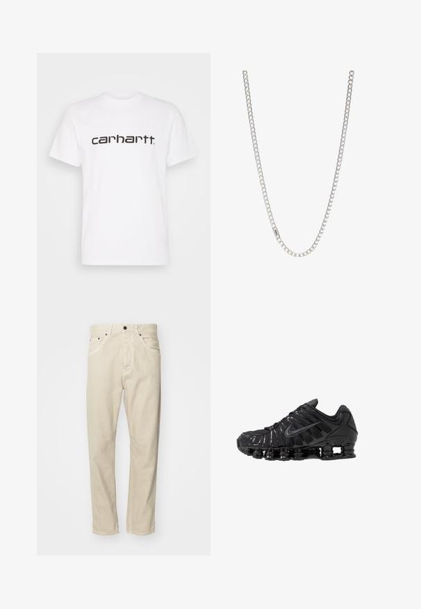 Hvid bomulds t-shirt med korte ærmer og rund halsudskæring. Har et stort "carhartt" logo i mørkebrun på tværs af brystet.; Beige, bomuldsbukser med lige pasform, fem lommer og metalhardware detaljer. Glat tekstur med minimale syninger.; Sorte atletikskoser lavet af mesh og syntetiske materialer, med et karakteristisk bølget design, sort gummisål og reflekterende detaljer.; Sølv kædedesign med sammenkoblede led, glat tekstur og ensartet rektangulær form. Sikker lukning.
