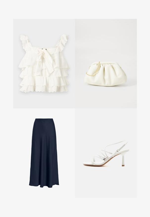 Top court blanc sans manches avec des couches à volants, bordure en dentelle ajourée et un nœud devant sur un fond uni.; Jupe maxi en satin bleu marine avec une texture lisse, taille haute et silhouette fluide. Se termine par une légère courbe à l'ourlet.; Sandale blanche à talons hauts avec fines brides, accents argentés, bout carré et talon fin de hauteur moyenne sur fond blanc uni.; Sac à main en cuir blanc avec un design plissé, doté d'une bandoulière en chaîne dorée et d'une forme arrondie. Texture lisse avec des plis doux et sans motifs.