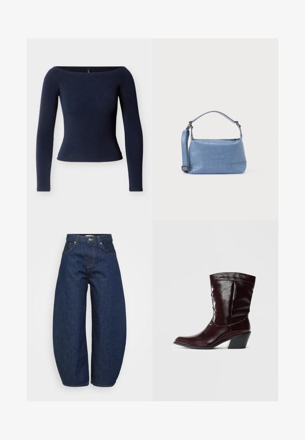 Marineblå langærmet top med en figursyet silhuet og en bådformet halsudskæring. Blødt, glat stof og afrundet kant nederst. Ingen synlige detaljer i metal.; Mørkeblå denimjeans med en bred, afslappet pasform. Har lynlås, fire lommer og kontrastsyet syning langs sømmene.; Bordeaux læder ankelstøvler med spids tå, tekstureret overflade og en lav, taperet hæl. Har diskrete søm og en tætsiddende pasform.; Lyseblå taske med krokodillepræg, kort håndtag og aftagelig skulderrem. Glat tekstur med lynlås.