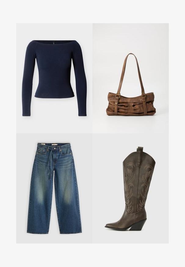 Marineblauw top met lange mouwen, een aansluitende pasvorm en een schouderloze halslijn. Zachte, gladde stof en afgeronde zoom. Geen zichtbare hardware.; Denim wide-leg jeans in donkerblauw met een vervaagd ontwerp, voorzien van een trekkoord in de taille en vijf zakken.; Bruine leren cowboylaars met een spitse neus, wiggenhak en decoratieve borduursels. Heeft een hoge schacht en een trekriem.; Even&Odd by Zalando Handtas - brown