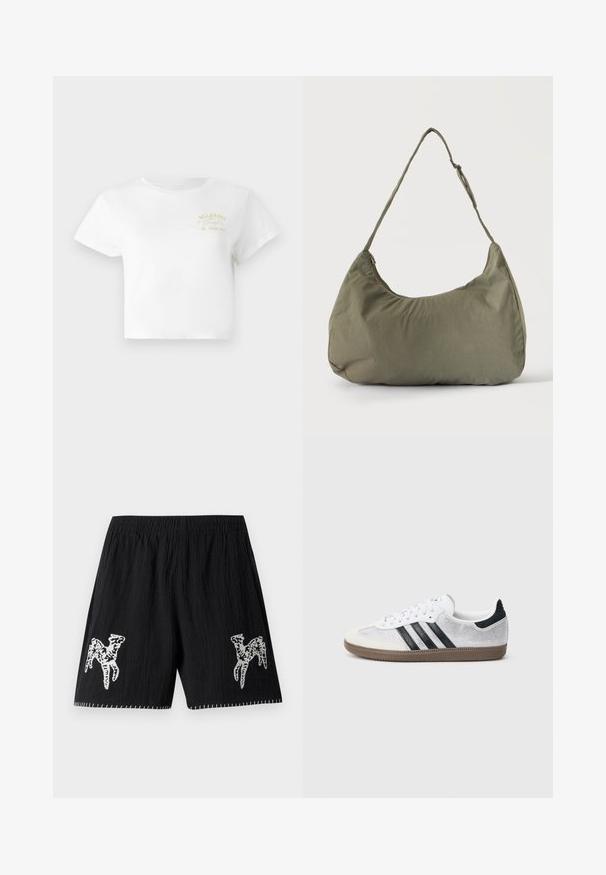 Hvid cropped t-shirt lavet af bomuld, med et enkelt gult grafisk design med "BILLABONG" og "SINCE 1973" broderet på forsiden.; Sorte shorts i struktureret stof; har hvid broderet design på begge ben og kontrastsyninger langs kanten. Elastisk talje.; Hvid mesh-sneaker med sorte striber, beige ruskind på tåhætte og hæl, tekstureret gummisål og hvide snørebånd. Klassisk lavtopsdesign.; Skuldertaske i blødt olivengrønt stof med lynlås og justerbar rem på ensfarvet, lyst baggrund.