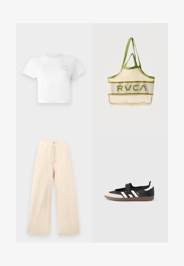 T-shirt cropped blanc en coton, avec un simple design graphique jaune portant "BILLABONG" et "SINCE 1973" brodé sur le devant.; Pantalons à jambes larges en beige clair, fabriqués dans un tissu texturé. Dotés d'une taille élastique avec cordon de serrage. Design simple et sans embellissement.; Baskets noires et beiges avec une bride en velcro, trois bandes blanches sur le côté, et une semelle en caoutchouc marron texturée. Logo de la marque visible.; Sac fourre-tout en maille beige avec bordure et anses vert olive, arborant le logo "RVCA" au centre sur un fond uni.