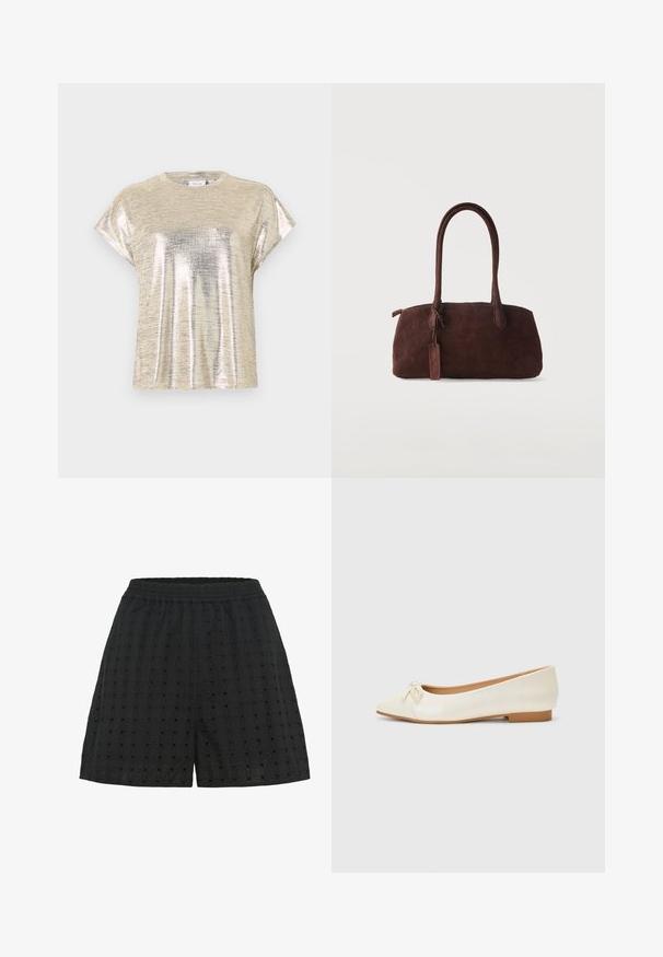 Top de punto de manga corta con brillo metálico dorado, cuello redondo y ajuste relajado, mostrado sobre un fondo liso y claro.; Shorts negros con una tela texturizada que presenta un patrón de cuadrícula y pequeños cortes. Cintura elástica para mayor comodidad y flexibilidad.; Bailarina de piel crema con puntera redondeada y un pequeño lazo en la parte delantera. Cuenta con un bajo tacón de goma color marrón y una textura suave.; Bolso de ante marrón oscuro con dos asas largas y una pequeña etiqueta adjunta, sobre un fondo claro y liso.