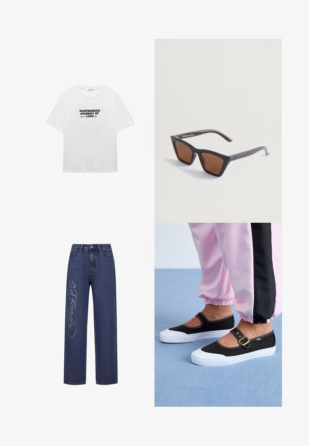 Hvid bomulds T-shirt med en afslappet pasform, med sort trykt tekst "RASPberries JOURNEY OF LOVE" i fed skrifttype på tværs af brystet.; Mørkeblå denim jeans med løs pasform, der har dekorative sølv rhinsten, som danner teksten "Ed Hardy" langs venstre ben.; Sorte lærredssko med en hvid sål, der har et udskæringsdesign og et guldspænde. Bæret med lyserøde træningsbukser.; Skildpadde-sunglasses med en skarp, vinkelret form. Brune, tonede linser og slanke arme med brandlogoet i hvidt på den ene side.