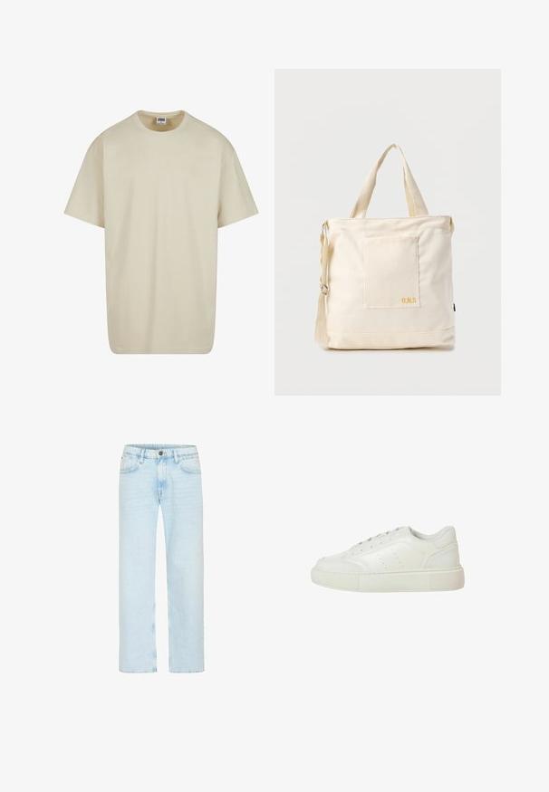 Camiseta de algodón de color beige claro, con mangas cortas, cuello redondo y un corte holgado. La tela parece suave, sin patrones ni detalles visibles.; Los jeans de denim azul claro cuentan con un diseño de pierna recta, con un cierre de botón clásico, cinco bolsillos y un ligero desgastado para aportar textura.; Zapatillas deportivas blancas de caña baja, fabricadas en cuero suave con una suela de goma texturizada, que cuentan con perforaciones mínimas y un diseño limpio.; Bolsa tote de lona color crema con bolsillo delantero, dos asas, correa de hombro ajustable y pequeño texto amarillo "O.N.S" en la parte inferior derecha del bolsillo.