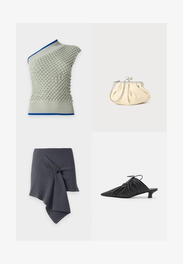 Haut en tricot asymétrique de couleur gris clair avec un motif texturé en relief ; il présente un col et un ourlet côtelés bleus. Des détails uniques rehaussent le design.; Jupe enveloppante à côtes gris foncé avec un design torsadé et un accent de bouton noir rond. Fabriquée dans un matériau texturé et extensible.; Mules noirs en cuir à enfiler avec un bout pointu, une texture froncée et un petit talon aiguille. Présente un détail à cordon au niveau de l'ouverture.; Pochette en cuir beige plissé avec un cadre en métal argenté, dotée de deux fermoirs ronds décoratifs et d'une chaîne en argent.