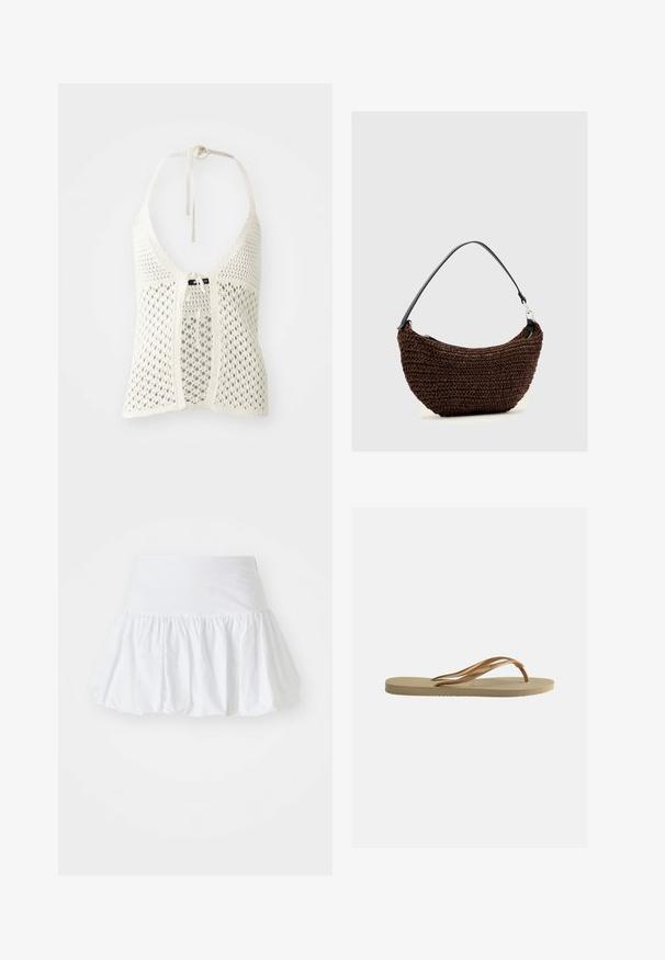 Λευκό πλεκτό halter top με ανοιχτό σχέδιο, ρυθμιζόμενους ιμάντες γύρω από το λαιμό και κλείσιμο μπροστά με κορδόνι, που διαθέτει ενισχυτική εσωτερική επένδυση.; Λευκή φουστάνι σε φαρδιά γραμμή, κατασκευασμένη από ελαφρύ ύφασμα, με συγκεντρωμένο σχέδιο και ελαστική μέση για άνεση. Δεν έχει ορατά μοτίβα ή διακοσμητικά στοιχεία.; Μπεζ σανδάλι με υφή στην σόλα και μπρονζέ μεταλλικούς ιμάντες σε σχήμα Υ σε απλό λευκό φόντο.; Καφέ υφαντό τσαντάκι με καμπυλωτό σχήμα και μαύρο ενιαίο λουρί στον ώμο, σε απλό ανοιχτό γκρι φόντο.