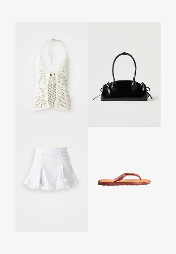 Λευκό πλεκτό halter top με ανοιχτό σχέδιο, ρυθμιζόμενους ιμάντες γύρω από το λαιμό και κλείσιμο μπροστά με κορδόνι, που διαθέτει ενισχυτική εσωτερική επένδυση.; Λευκή φούστα από υφασμάτινη υφή με ρυτίνη και φουσκάλες στο τελείωμα. Διαθέτει ανοιχτή σχεδίαση με εφαρμοστό μέσο.; Καφέ και μπεζ μονοκομματικό πλαστικό σανδάλι με υφασμένο πάτο και σχεδιασμένους λουρίδες σε σχήμα V.; Μικρή μαύρη γυαλιστερή τσάντα με δύο μακριές λαβές και λεπτομέρειες με ρυθμιζόμενο κορδόνι στο πλάι σε απλό ανοιχτό φόντο.
