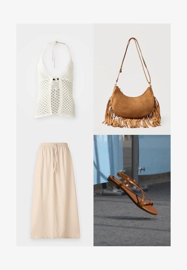 Hvid hæklede halterneck-top med et åbent design, justerbare halsbånd og en frontknaplukning med en solid underlag for støtte.; Beige ankel-længde nederdel lavet af letvægtsstof med elastisk talje og justerbar snor. Har en afslappet, lige silhuet.; Brun lædersandal med tynde stropper og spænde, der svæver over en grå asfaltflade nær en blå barriere eller hegn.; Brun ruskinds skuldertaske i halvmåneform med lang rem og frynser langs de nederste kanter mod en hvid baggrund.