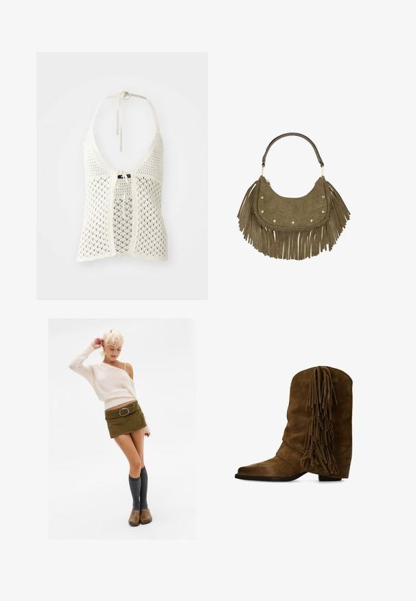 Haut halter en crochet blanc avec un design ouvert, des liens réglables au cou et une fermeture à nouer à l'avant, avec un sous-vêtement uni pour le soutien.; Femme aux cheveux blonds courts portant un pull crème à épaules dénudées, une mini-jupe verte avec une ceinture, des chaussettes grises montantes jusqu'aux genoux et des sabots marron, posant.; Botte de cowboy en daim marron avec un design décontracté et un long détail à franges en haut. Bout carré et talon bloc bas. Texture lisse.; Sac à main en daim vert olive avec des clous dorés, forme croissant, et longues franges sur les côtés et le bas, avec une seule poignée courte.