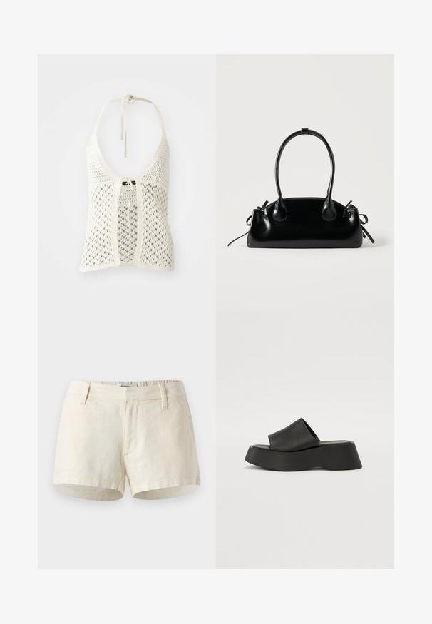 Top halter de ganchillo blanco con un diseño abierto, lazos ajustables en el cuello y un cierre frontal atado, además de un forro sólido para mayor soporte.; Pantalones cortos de lino en color beige claro. Presentan una cinturilla plana, bolsillos delanteros y un dobladillo limpio. Diseño simple y minimalista.; Sandalias de plataforma negras con una correa ancha y suela gruesa. Fabricadas con material suave con un acabado mate y sin herrajes visibles.; Pequeño bolso negro brillante con dos asas largas y detalles de cordón lateral sobre un fondo claro liso.