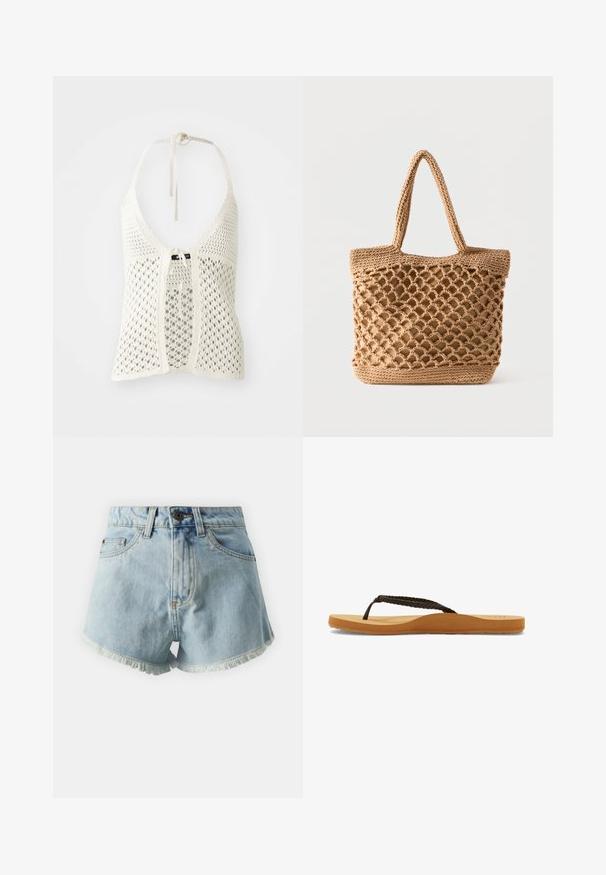 Top halter de ganchillo blanco con un diseño abierto, lazos ajustables en el cuello y un cierre frontal atado, además de un forro sólido para mayor soporte.; Pantalones cortos de mezclilla azul claro con dobladillo deshilachado, cintura alta, bolsillos frontales y cierre de un solo botón. La tela tiene una textura suave.; Chanclas de tiras trenzadas marrones con suela suave y plantilla color tostado, que presentan un diseño redondeado y suela de goma texturizada para mayor tracción.; Bolso tote tejido de tono marrón con diseño abierto de red y base sólida, con dos asas para el hombro.