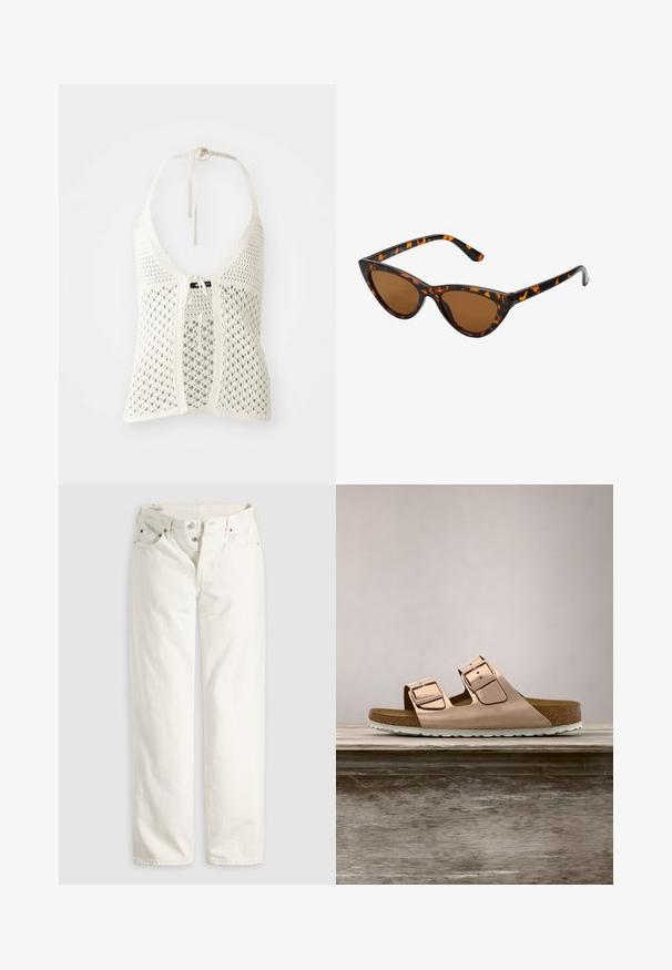 Top halter de ganchillo blanco con un diseño abierto, lazos ajustables en el cuello y un cierre frontal atado, además de un forro sólido para mayor soporte.; Vaqueros blancos de talle alto con pierna recta, cremallera de botones, bolsillos delanteros y traseros, y remaches de cobre visibles en las esquinas de los bolsillos.; Sandalias deslizantes en oro rosa con dos hebillas metálicas ajustables, plantilla de corcho y suela de goma blanca. Acabado metálico suave, diseño de punta abierta.; Gafas de sol estilo ojo de gato con montura de carey negra y naranja, lentes marrones y puntas elegantes y afiladas. Presenta un logo minimalista en la patilla.
