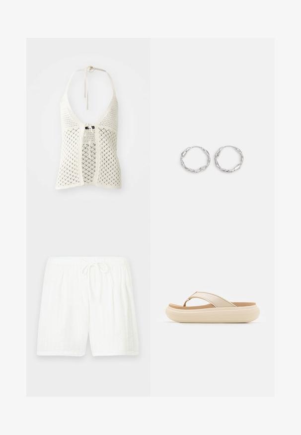Hvid hæklede halterneck-top med et åbent design, justerbare halsbånd og en frontknaplukning med en solid underlag for støtte.; Hvide bomuldsshorts med elastisk talje og snøre. Har et tekstureret mønster med lodrette striber og sidelommer.; Beige flip-flop sandal med en bred tåstrop og en tyk, rund sål. Har et glat overmateriale og en kontrasterende brun fodseng.; Sølv hoops med en bølget, uregelmæssig tekstur. Har en tynd, cirkulær form og en reflekterende finish.
