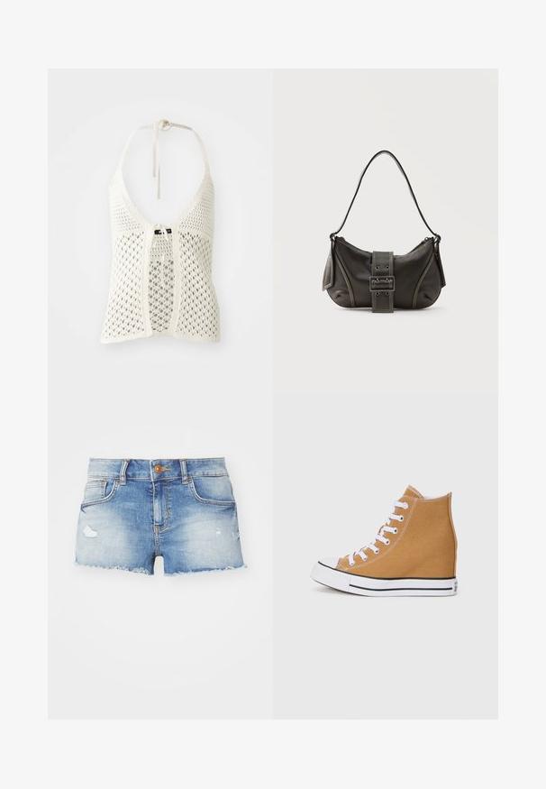 Witte gehaakte haltertop met een open ontwerp, verstelbare nekbanden en een sluiting aan de voorkant met een stevige onderlaag voor ondersteuning.; Lichtblauwe denimshorts met een versleten afwerking, rafelige zoom, vijf zakken en een enkele knoopsluiting aan de voorkant.; Hoge sneakers in tan canvas met witte veters, een rubberen teendoek en een zwart gestreepte zool. Geweven afwerking met stiksels.; Zwarte leren schoudertas met gespsluiting aan de riem, afgeronde hoeken en contrasterende witte stiksels op een effen achtergrond.
