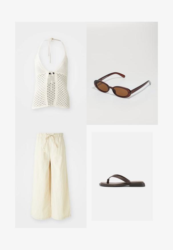 Λευκό πλεκτό halter top με ανοιχτό σχέδιο, ρυθμιζόμενους ιμάντες γύρω από το λαιμό και κλείσιμο μπροστά με κορδόνι, που διαθέτει ενισχυτική εσωτερική επένδυση.; Πλατύ παντελόνι από μαλακό, ελαφρύ μπεζ ύφασμα. Διαθέτει ελαστική ζώνη με κορδόνι στο μπροστινό μέρος για ρυθμιζόμενη εφαρμογή. Λείο υλικό.; Καφέ δερμάτινο σανδάλι με λουρίδα και επίπεδη μαύρη σόλα, εμφανίζεται σε πλάγια όψη σε λευκό φόντο.; Στρογγυλά, καφέ-χρωματιστά γυαλιά ηλίου με γυαλιστερή μπορντώ σκελετό. Λεπτά πόδια με διακριτική λεπτομέρεια λογότυπου. Σχεδίαση επίπεδου φακού.