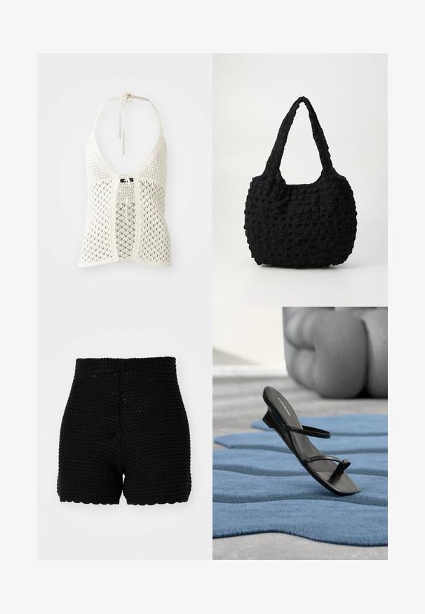 Top halter de ganchillo blanco con un diseño abierto, lazos ajustables en el cuello y un cierre frontal atado, además de un forro sólido para mayor soporte.; Shorts de ganchillo negro con textura acanalada, cintura alta y dobladillo con puntilla. Diseñados para una silueta ajustada y material transpirable.; Sandalia negra con tiras y lazo para el dedo en una alfombra texturizada azul, con un gran objeto decorativo gris desenfocado en el fondo.; Bolso de tela negra con un patrón texturizado y tejido. Presenta una forma suave y redondeada y asas cortas y resistentes.