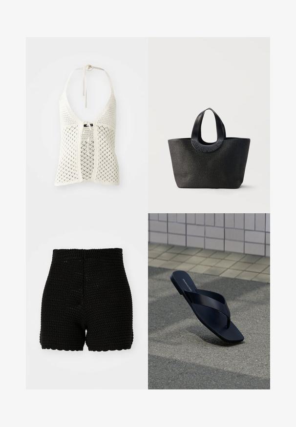 Top halter de ganchillo blanco con un diseño abierto, lazos ajustables en el cuello y un cierre frontal atado, además de un forro sólido para mayor soporte.; Shorts de ganchillo negro con textura acanalada, cintura alta y dobladillo con puntilla. Diseñados para una silueta ajustada y material transpirable.; Sandalia negra tipo tanga con punta cuadrada y nombre de la marca en la plantilla, colocada en posición vertical sobre pavimento texturizado cerca de una pared con azulejos.; Bolsa tote negra texturizada con asas anchas y redondeadas que presenta el nombre de la marca en relieve "Samsøe Samsøe" sobre un fondo neutro.