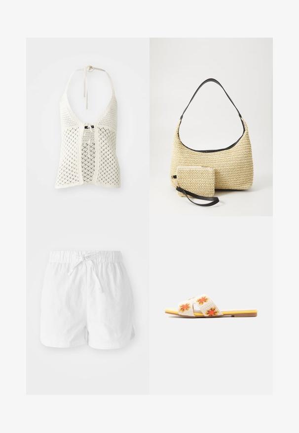 Haut halter en crochet blanc avec un design ouvert, des liens réglables au cou et une fermeture à nouer à l'avant, avec un sous-vêtement uni pour le soutien.; Shorts en coton blanc avec une taille élastique et un cordon de serrage ajustable. Dotés de fentes latérales pour plus de mobilité et d'une coupe décontractée.; Sandale plate jaune avec une large bride en crochet crème ornée de motifs floraux orange et jaune et une petite découpe latérale.; Sac à main en paille tissée avec une silhouette courbée, doté d'une bandoulière en cuir noir lisse et d'une petite pochette assortie attachée par une sangle pour le poignet.