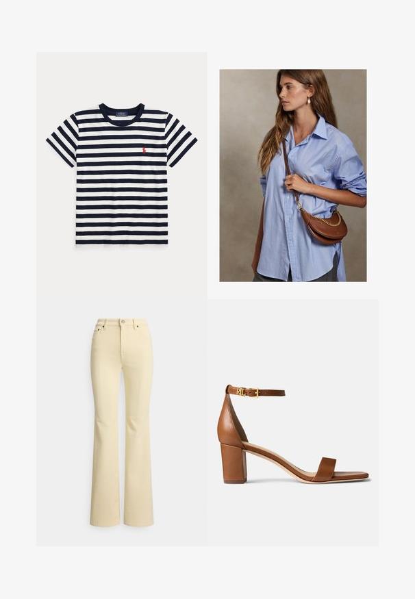 Camiseta de manga corta con rayas horizontales en azul marino y blanco, cuello redondo y pequeño logo rojo de Polo Ralph Lauren en el pecho.; Vaqueros acampanados amarillos de algodón, con cintura alta, cremallera con cierre de botón y diseño tradicional de cinco bolsillos.; Lauren Ralph Lauren LOGAN BURNISHED LEATHER SANDAL - Sandalias - deep saddle tan; Joven mujer con el pelo largo y castaño que lleva una camisa azul clara de gran tamaño y sostiene un bolso cruzado de cuero marrón con una cadena dorada.