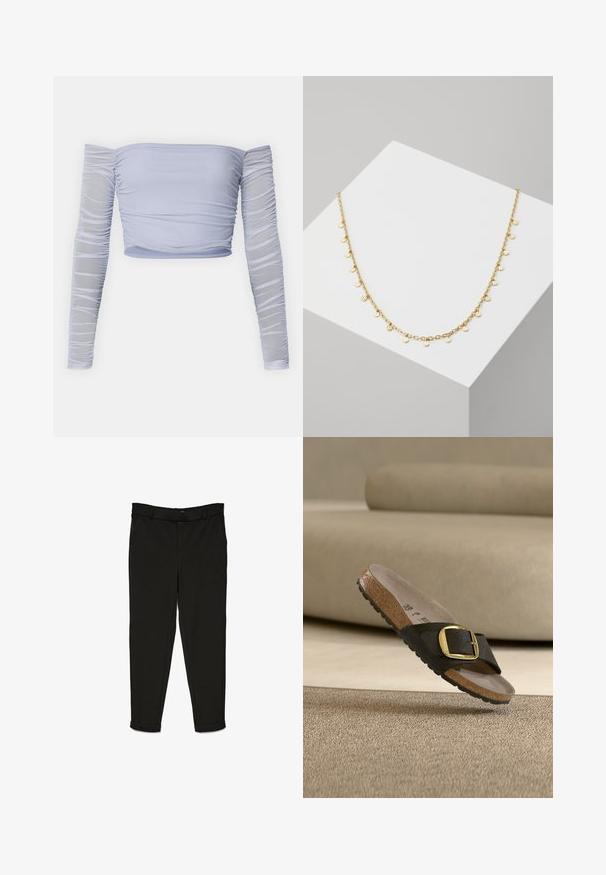 Top corto de color azul claro, sin hombros, con mangas largas fruncidas, textura suave, diseño ajustado y un acabado sin costuras en el escote.; Pantalones negros de tela tejida, con un diseño de corte recto, parte delantera plana y puños en los tobillos para un aspecto estilizado.; Sandalia tipo slide negra con una gran hebilla dorada, plantilla de corcho y suela texturizada colocada sobre una alfombra frente a un sofá beige.; Collar de cadena de oro con pequeños colgantes redondos y texturizados espaciados uniformemente a lo largo de la longitud, con un acabado pulido y eslabones delicados.