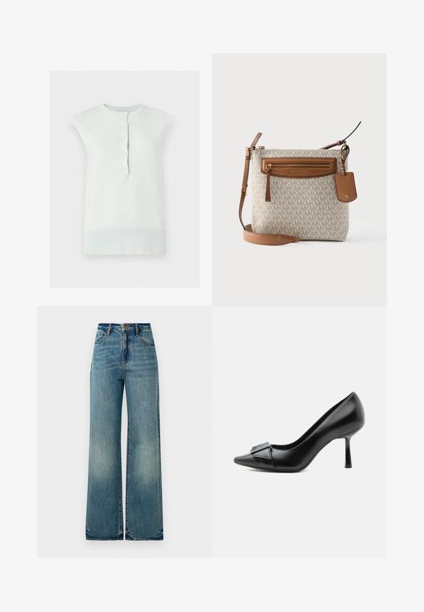 Mouwloze witte gebreide top met geribde kraag en zoom, voorzien van een knoopsluiting aan de voorkant met vijf knopen.; Lichtblauwe denim wijde jeans hebben een hoge taille, vijf zakken en iets verfraaide zoomranden, met een getextureerde, vervaagde afwerking.; Zwarte leren hoge hak schoen met puntige neus en decoratieve gesp aan de voorkant, zijaanzicht op een witte achtergrond.; Beige crossbodytas met bruine leren afwerking, voorvak met rits, verstelbare riem en een hangend label met gouden logodetails.