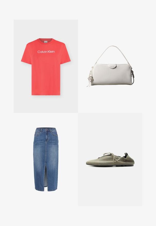 Koralfarvet T-shirt med korte ærmer og rund halsudskæring med hvidt "Calvin Klein"-logo centreret på brystet mod en ensfarvet lys baggrund.; Denim nederdel med en frontslids, i midlængde, i en lys til mellemblå vask. Har fem lommer og en talje med bæltestropper.; Lys olivengrøn blød stofsko med tynd sål og snørre, vist i siddeprofil på ensfarvet hvid baggrund.; Hvid rektangulær Calvin Klein håndtaske med enkelt håndtag, minimalistisk design og dekorative kvaster med geometrisk metalvedhæng på siden.