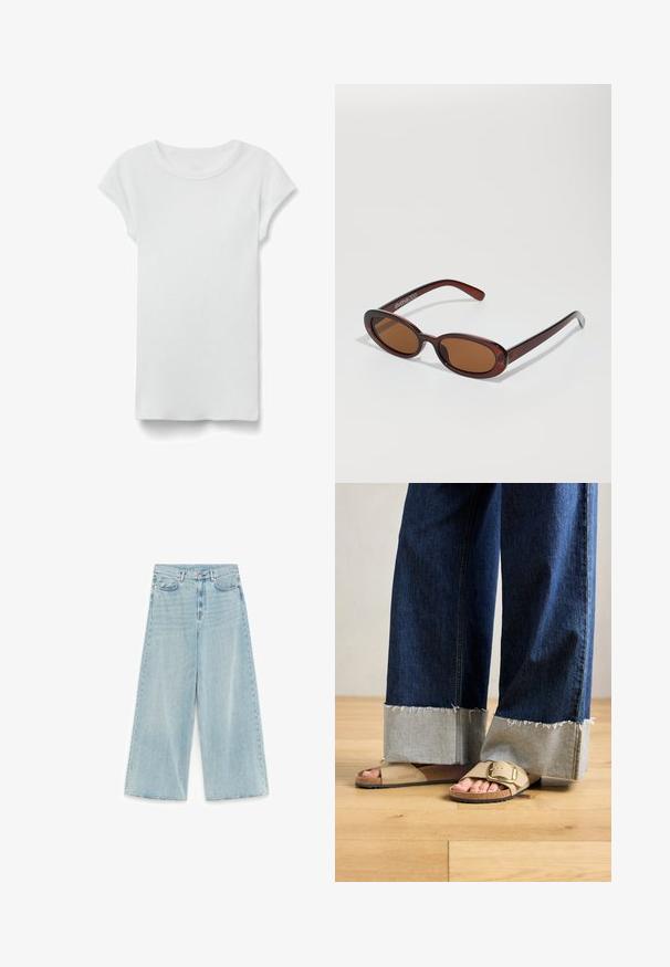 Camiseta blanca de manga corta con cuello redondo acanalado, colocada en plano sobre fondo blanco, mostrando el lado frontal y un estilo casual sencillo.; Vaqueros de mezclilla azul claro de pierna ancha con cintura alta, cierre frontal de botón y cremallera, y estilo de cinco bolsillos.; Pies con sandalias Birkenstock beige con hebillas de oro, combinadas con jeans de mezclilla azul oscuro enrollados en los puños, de pie sobre un suelo de madera.; Gafas de sol redondas con tinte marrón y un marco burdeos brillante. Patillas delgadas con un sutil detalle de marca. Diseño de lentes planos.