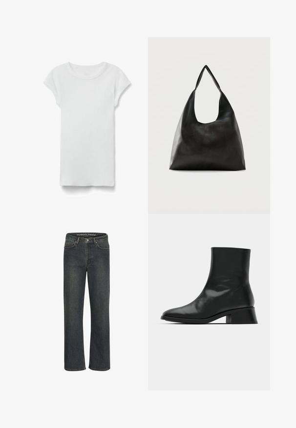 Wit geribd T-shirt met korte mouwen en ronde hals, plat liggend op een witte achtergrond, toont de voorkant en een eenvoudige casual stijl.; Donkerblauwe recht-been jeans van denim stof, met een middelhoge taille, vijf zakken en subtiele stiksels langs de naden.; Zwarte enkelboot van glanzend leer, met een slank ontwerp, spitse neus en een gematigde blokhak voor stabiliteit.; Zwarte schoudertas van glad leer met een brede, enkele band en een nonchalant, minimalistisch ontwerp tegen een effen achtergrond.