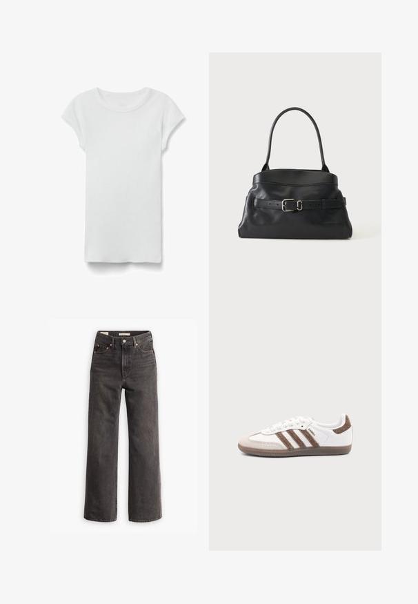 T-shirt blanc à manches courtes, côtelé, col rond, posé à plat sur fond blanc, montrant le devant et un style simple et décontracté.; Jeans taille haute et coupe large en denim gris foncé, avec des poches avant, des rivets en cuivre contrastants et une finition épurée sans embellissements.; Baskets Adidas Samba blanches avec des bandes en daim marron, semelle en caoutchouc marron et bout en daim beige, vues du côté extérieur sur un fond uni.; Sac à main en cuir noir avec une seule bandoulière et une ceinture décorative avec une boucle argentée sur le devant.