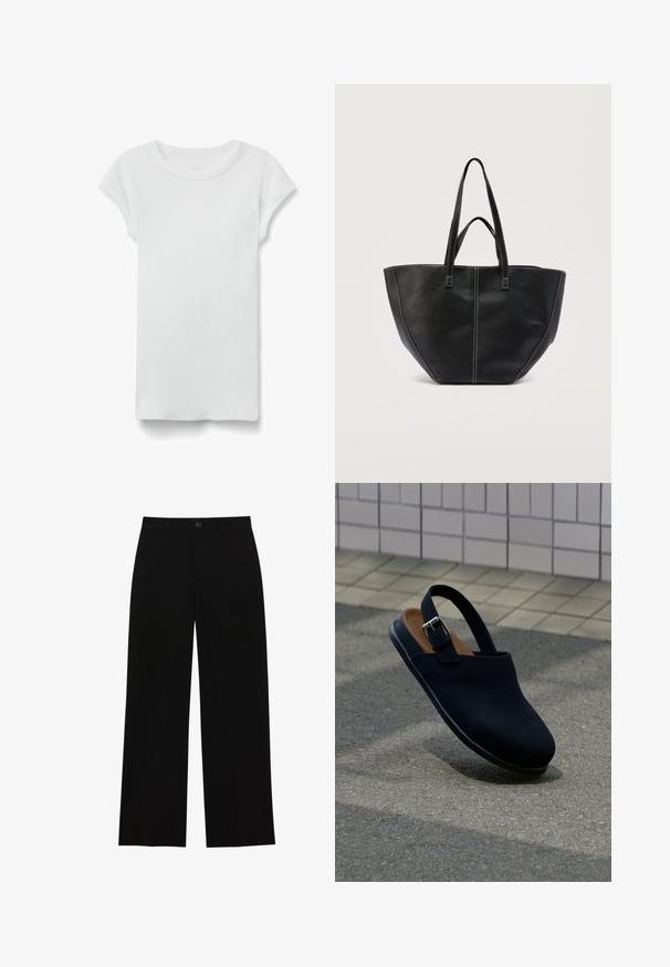 T-shirt blanc à manches courtes, côtelé, col rond, posé à plat sur fond blanc, montrant le devant et un style simple et décontracté.; Pantalons noirs, taille haute, à jambes larges, fabriqués dans un tissu lisse, avec une taille plate, une fermeture à bouton et sans poches visibles.; Chaussure slingback noire à bout fermé avec bride à boucle argentée, semelle intérieure marron, flottant au-dessus d’un bitume gris avec un mur carrelé en arrière-plan.; Sac fourre-tout en cuir noir avec deux poignées et des coutures blanches contrastantes, présentant une forme large et structurée avec des détails de coutures centrales.