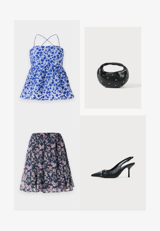 Blauwe top met bloemenprint, spaghetti bandjes, verzameld taille en uitlopende zoom. Gemaakt van lichtgewicht stof. Kenmerkt zich door kleine blauwe bloemen op een lichte achtergrond.; Bloemrok met een elastische band. Heeft een donker marineblauwe achtergrond met roze, witte en groene bloemenpatronen. Vloeiende, lichtgewicht stof.; Zwarte leren pumps met hoge hak en slingback, met een puntige neus en een gesp- en oogjesriem detail aan de voorkant.; Zwarte leren handtas met een afgeronde vorm, versierd met zilveren studs, en een korte handgreep. Gladde textuur en ritsluiting.