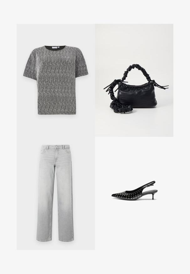 Top de punto texturizado negro y plateado metálico de manga corta, con cuello redondo y corte ajustado.; Jeans de pierna ancha de color gris claro, confeccionados en denim. Cuentan con cinco bolsillos, cierre de botón y una sutil textura desgastada para un aspecto usado.; Zapatos de tacón slingback de cuero negro con punta afilada y tacón pequeño. Decorados con tachuelas metálicas a lo largo del empeine para añadir textura.; Bolso de mano de imitación cuero negro con textura de cocodrilo, parte superior fruncida y correa arrugada. Presenta un diseño suave y compacto.