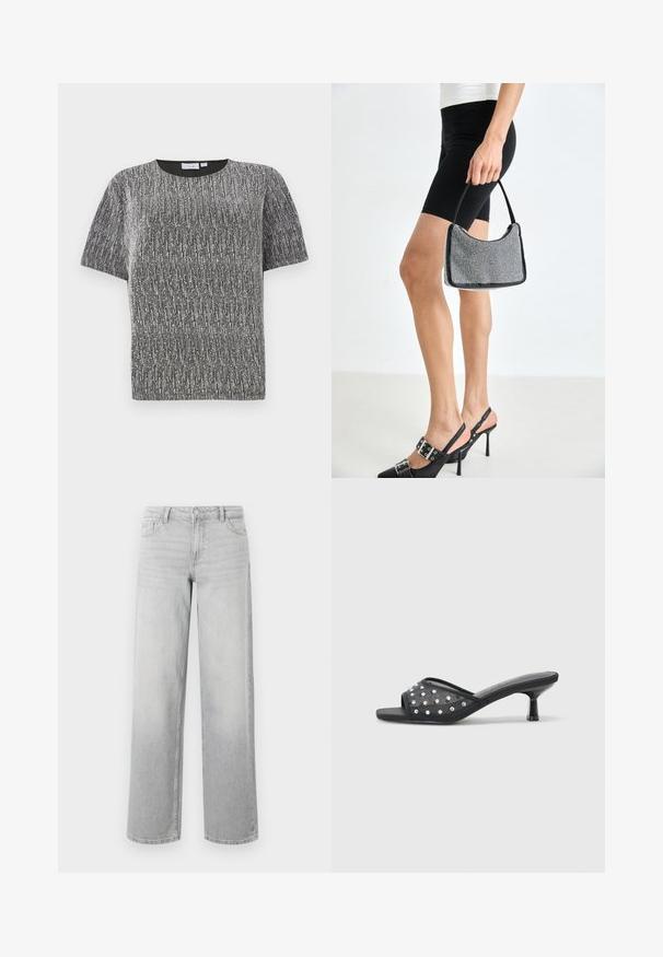 T-shirt à manches courtes en tricot texturé métallique argent et noir avec un col rond et une coupe ajustée.; Jean large en denim gris clair. Comprend cinq poches, une fermeture à bouton et une texture légèrement délavée pour un look usé.; Sandale à talon bas ouverte noire avec un tissu transparent orné de clous décoratifs transparents et une semelle lisse.; Sac à main à perles noires avec une silhouette courbée, une poignée de transport et une texture brillante. Porté avec des chaussures à talons hauts noires et un short noir ajusté.