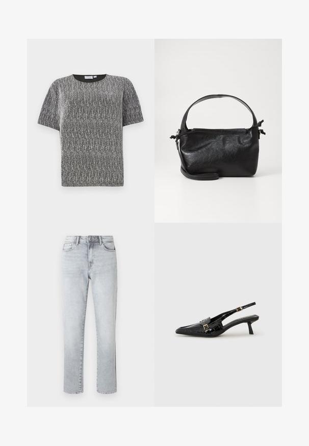 T-shirt à manches courtes en tricot texturé métallique argent et noir avec un col rond et une coupe ajustée.; Jean droit gris clair avec fermeture à bouton, poches avant et passants pour ceinture, présenté sur un fond blanc uni.; Escarpins slingback en cuir verni noir avec bout pointu, texture crocodile, accents de boucles dorées et talon bas.; Sac à main en cuir noir au design structuré, avec une poignée arrondie et une bandoulière amovible. Présente une texture lisse et un éclat subtil.